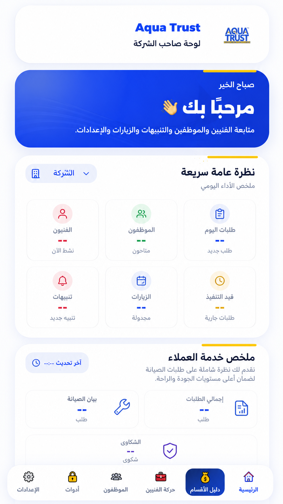 لوحة إدارة طلبات العملاء والفنيين